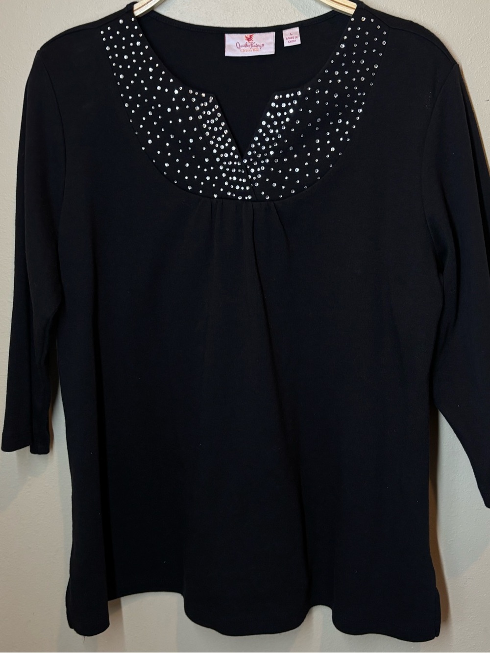 Quacker Factory Black Rhinestone 3/4 Sleeve Top, large, 100% cotton, QVC